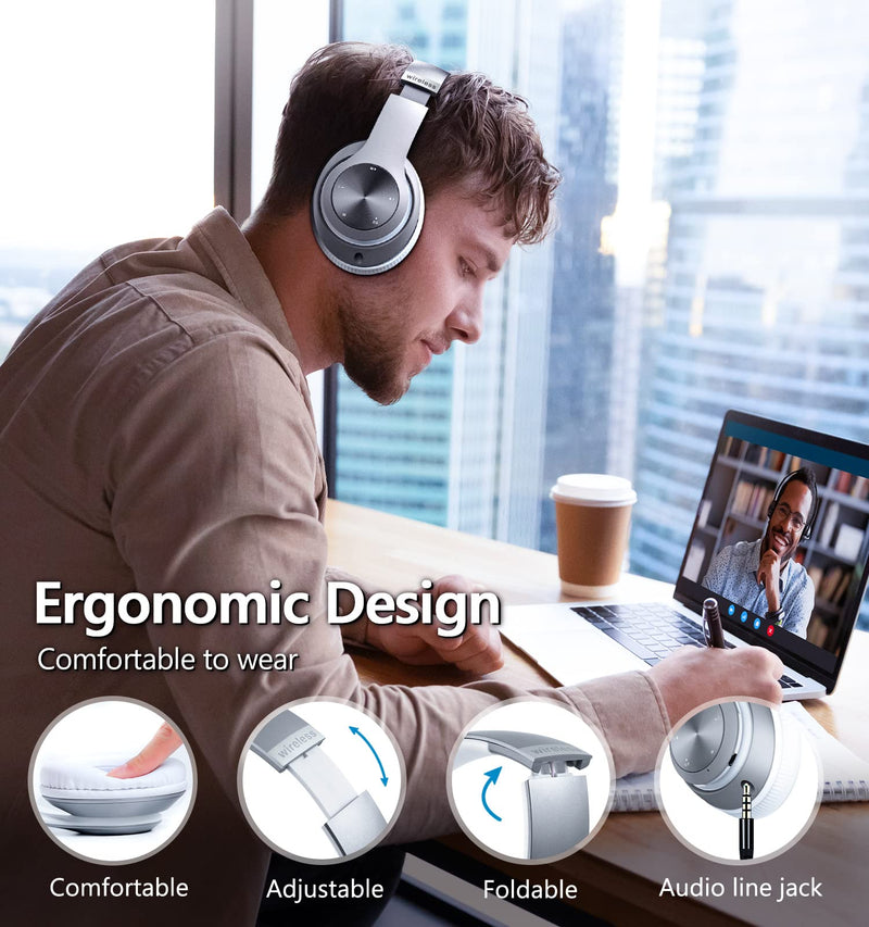Bluetooth Headphones Over-Ear, 60 Hours Playtime Foldable Lightweight Wireless Headphones Hi-Fi Stereo with 6 EQ Modes, Bass Adjustable Headset with Built-in HD Mic, FM, SD/TF for Cell Phone/PC/Home Silver