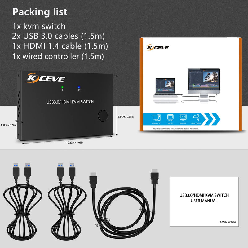 KVM Switch 2 Ports, HDMI USB 3.0 KVM Switcher Box with EDID-Emulator Function, Support 4K@60Hz Resolution for 2 Computers Share Mouse Keyboard and Monitor 2 IN 1 OUT USB 3.0 (With EDID)
