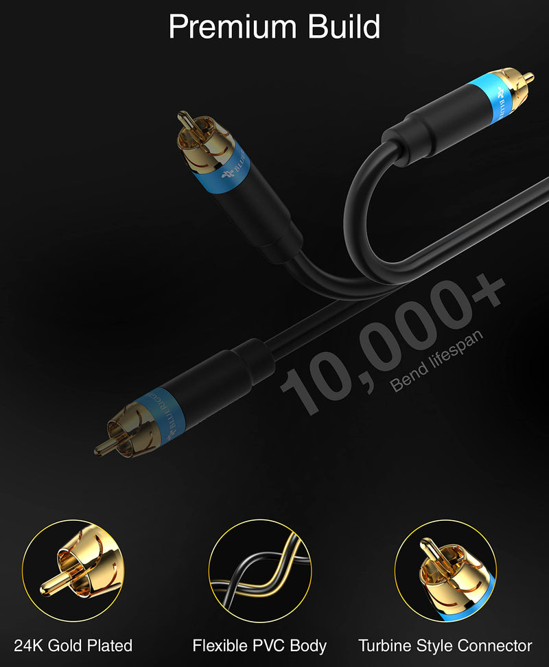 BlueRigger RCA Audio Subwoofer Cable (8FT, Dual Shielded, Gold Plated RCA to RCA Connectors) – for Subwoofer, Amplifier, Home Theater 8FT Black