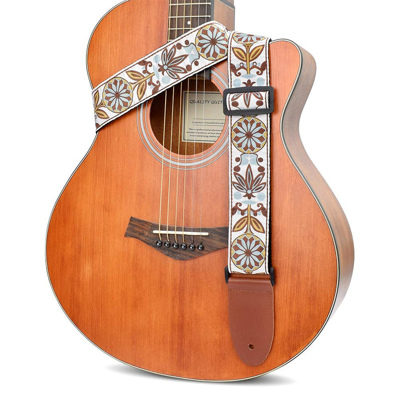 Guitar Strap Acoustic Electric Bass Guitar Leather Ends For Men Women With Jacquard Fabric Pattern White Brown Woven