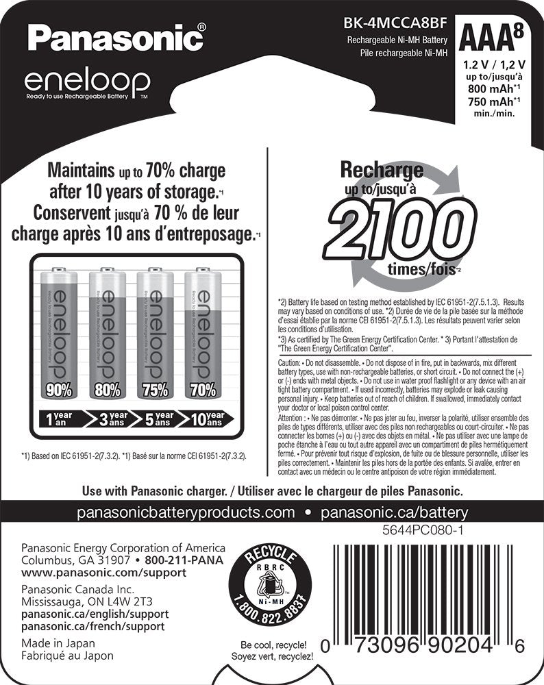 Panasonic BK-4MCCA8BA eneloop AAA 2100 Cycle Ni-MH Pre-Charged Rechargeable Batteries, 8 Pack Standard