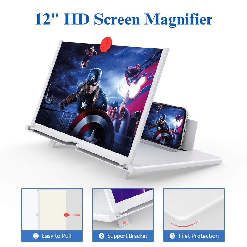 12" Screen Magnifier –3D HD Mobile Phone Magnifier Projector Screen for Movies, Videos, and Gaming–Foldable Phone Stand with Screen Amplifier–Supports All Smartphones(White) White