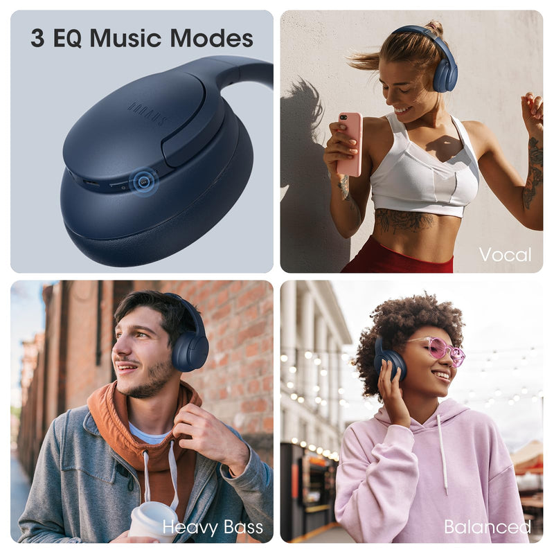 DOQAUS 𝐔𝐩𝐠𝐫𝐚𝐝𝐞𝐝 Bluetooth Headphones Over Ear, 90 Hours Playtime Wireless Headphones with 3 EQ Modes, HiFi Stereo Headphones with Microphone, Soft Protein Earpads for Cellphone/PC (Navy Blue) Navy Blue