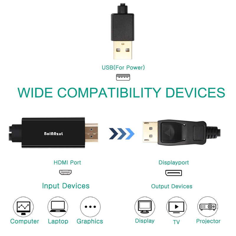 Active 4K HDMI 2.0 to Displayport 1.2 Cable for PS5 PS4 pro, BolAAzuL 4K 60Hz HDMI in to DP Out Video Converter Cord 6FT/1.8M Male to Male with USB Power for PC Laptop Apple TV HDMI 2.0 to DP(4K/60Hz)