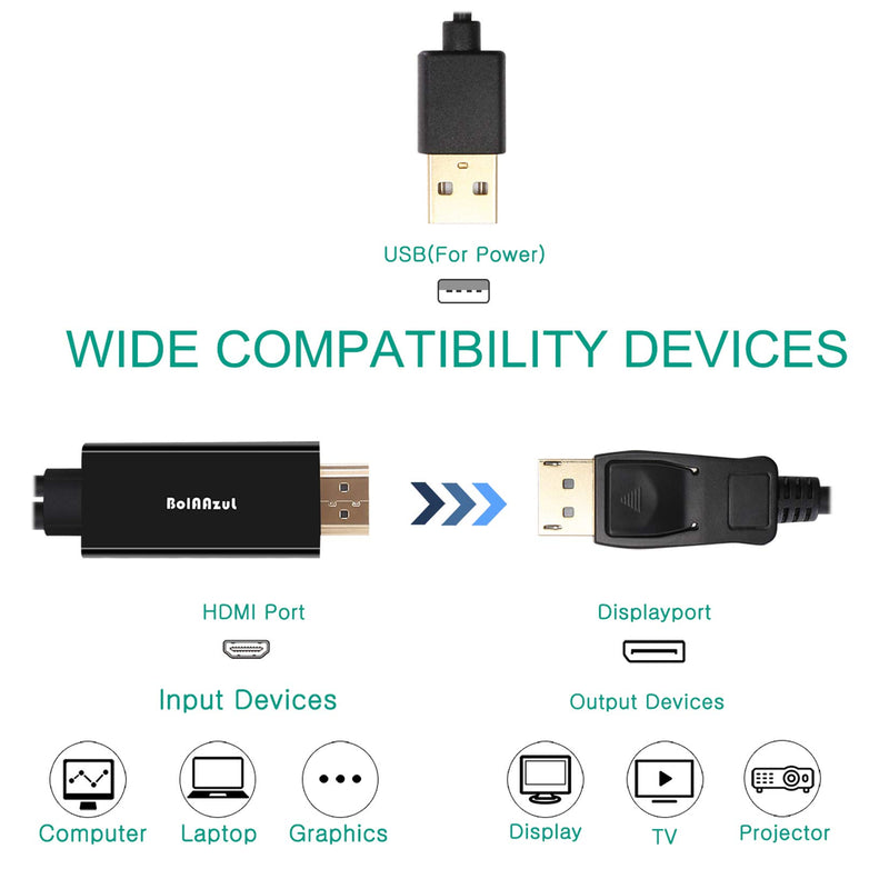 4K HDMI 2.0 to Displayport Cable for PS5 PS4 pro, BolAAzuL Active 4K 60Hz Male HDMI in to DP Out Video Converter Cord 6FT/1.8M with USB Power HDMI 2.0 to DP 1.2 for PC Laptop Apple TV HDMI to DP（4K@60Hz/ USB）