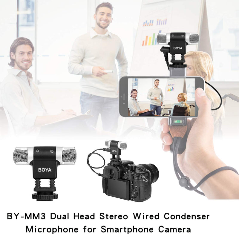 BOYA MM3 Compact Condenser Stereo Video Microphone Including Shock Mount, Foam & Deadcat Windscreens, Case Compatible with iPhone/Andoid Smartphones, Canon Nikon DSLR Cameras and Camcorders