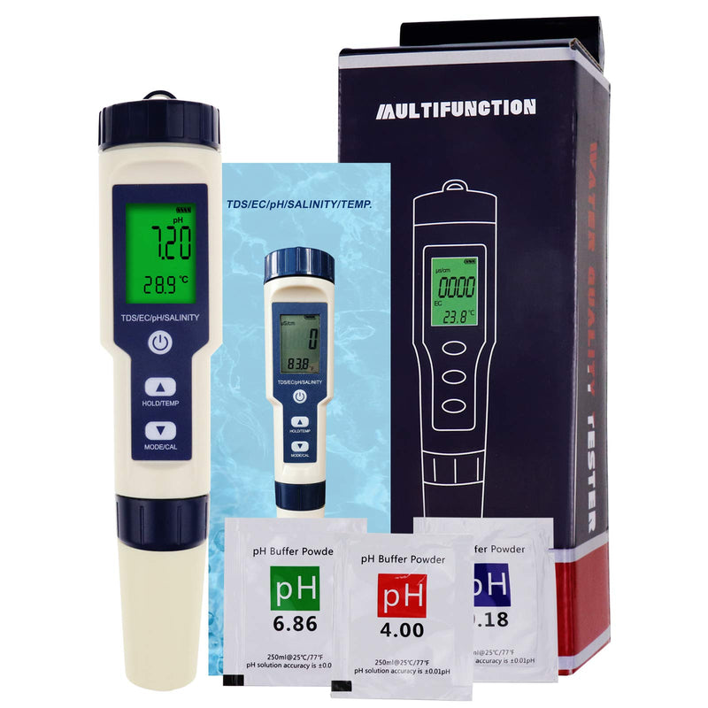DANOPLUS 5 in 1 Digital pH Meter with TDS/EC/Salinity/Temperature Measurement Waterproof Highly Accurate Multi-Parameter Tester pH/TDS/EC/Temp/Salinity