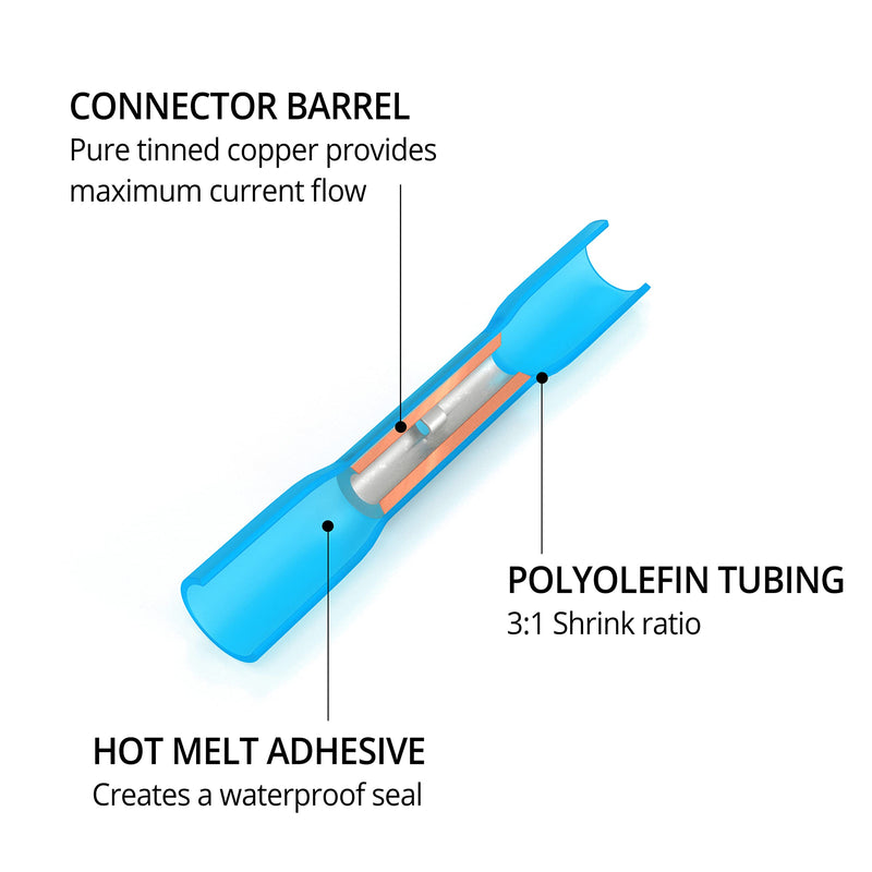 Wirefy 150 PCS Heat Shrink Butt Connectors Blue 16-14 AWG - Marine Grade Butt Connectors - Wire Butt Splice Connectors - Electrical Waterproof Heat Shrink Butts