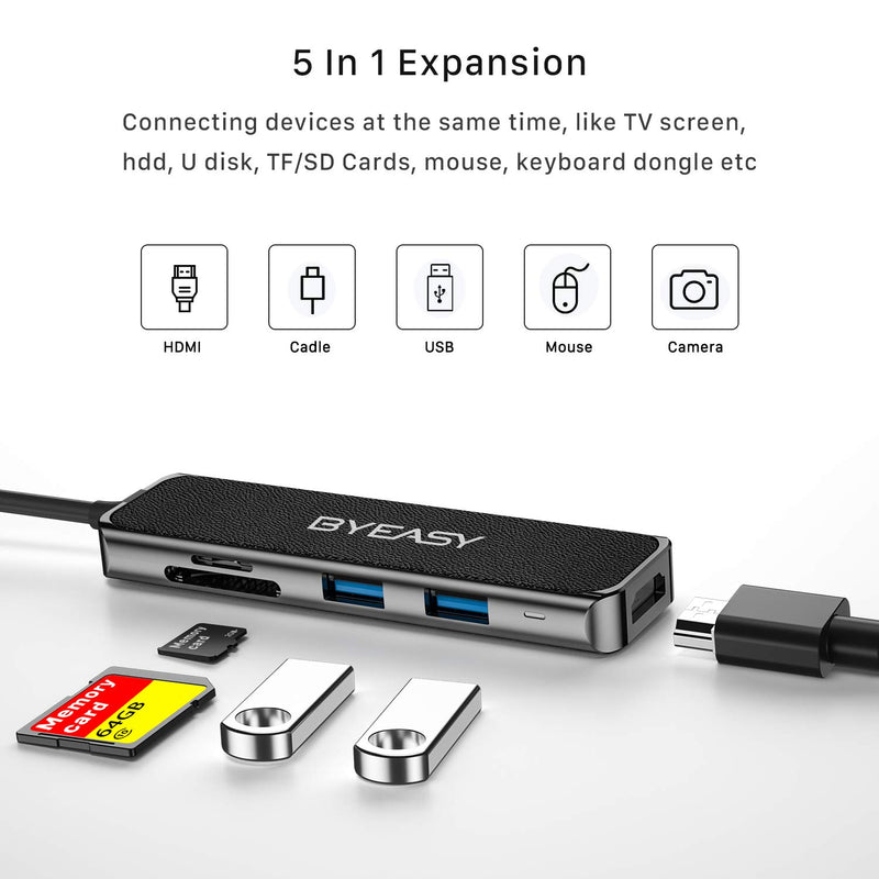 USB C Hub, BYEASY Zinc Alloy Multiport USB C Adapter Hub, with 4K HDMI Output, SD and microSD Card Reader, 2 USB 3.0 Ports for MacBook Pro 2019/2018/2017, iPad Pro 2019/2018, Pixelbook, XPS (UC-197)