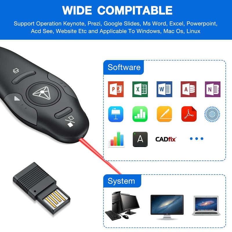 Presentation Clicker Wireless Presenter Remote USB Control Powerpoint PPT Clicker, Laser Pointer RF 2.4GHz Presenter Remote Google Slide Advancer Powerpoint Clicker for Computer/Laptop/Mac/Keynote Red Light