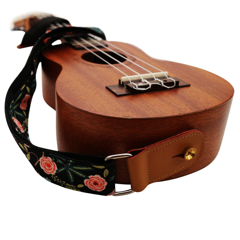 MUSIC FIRST Original Design “Dark Night Garden” Soft Cotton & Genuine Leather Ukulele Strap Ukulele Shoulder Strap With a MUSIC FIRST Genuine Leather Strap Locker