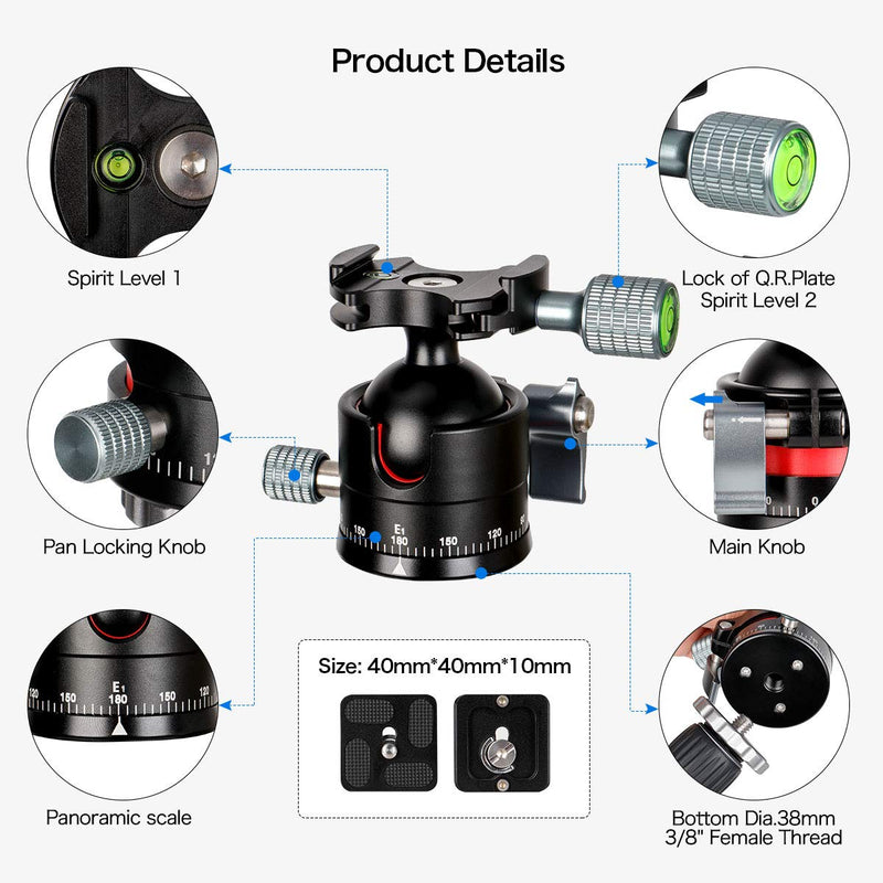 koolehaoda Low-Profile Mini Ballhead,Tripod Head 360° Panoramic with 1/4" Screw Arca-Type QR Plate Metal Ball Joint for DSLR,Tripod,Monopod, Net Weight only 170G,Maximum Load: 8kg -(E1)