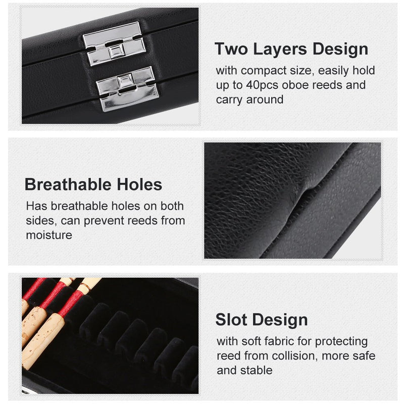 Oboe Reeds Case, PU Leather Cover Wooden Oboe Reeds Storage Case Holder 2 Layers 40pcs Oboe Reeds Box Bag