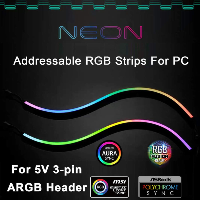 [AUSTRALIA] - NEON Digital RGB LED Strip for PC, Addressable LED Strip for 5V 3-pin ARGB LED Header, Compatible with Aura SYNC, Gigabyte RGB Fusion, MSI Mystic Light Sync, Come with 12pcs Strong Magnetic Brackets Neon 2 Strips, Fit for 3-pin 5v 