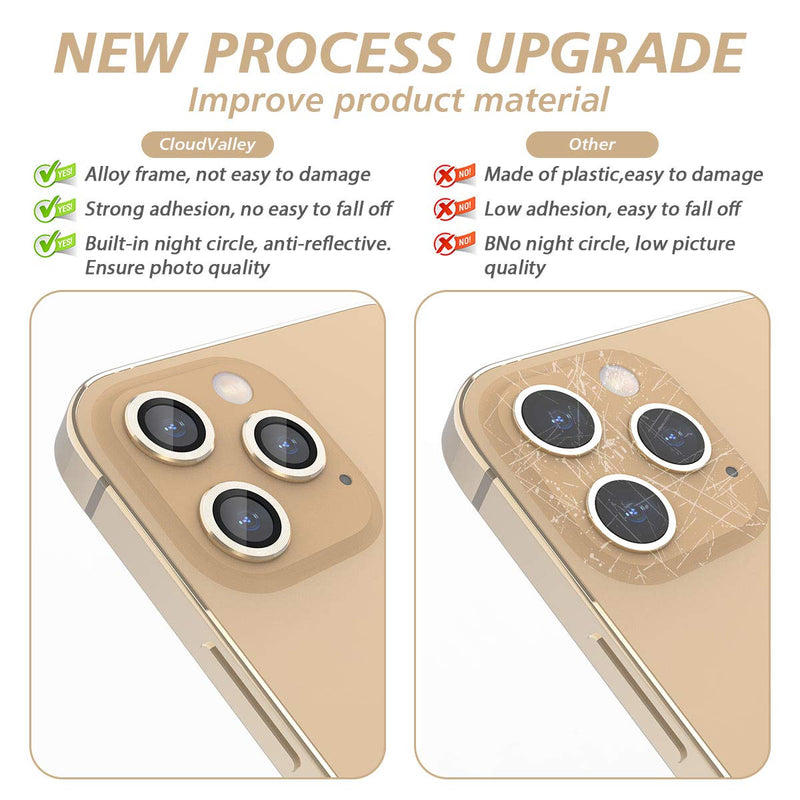 CloudValley Camera Lens Protector for iphone 12 Pro Max, Tempered Glass Film, Aluminum Alloy Screen Cover, 3 Pack Gold, with Cleaning Kit Glod