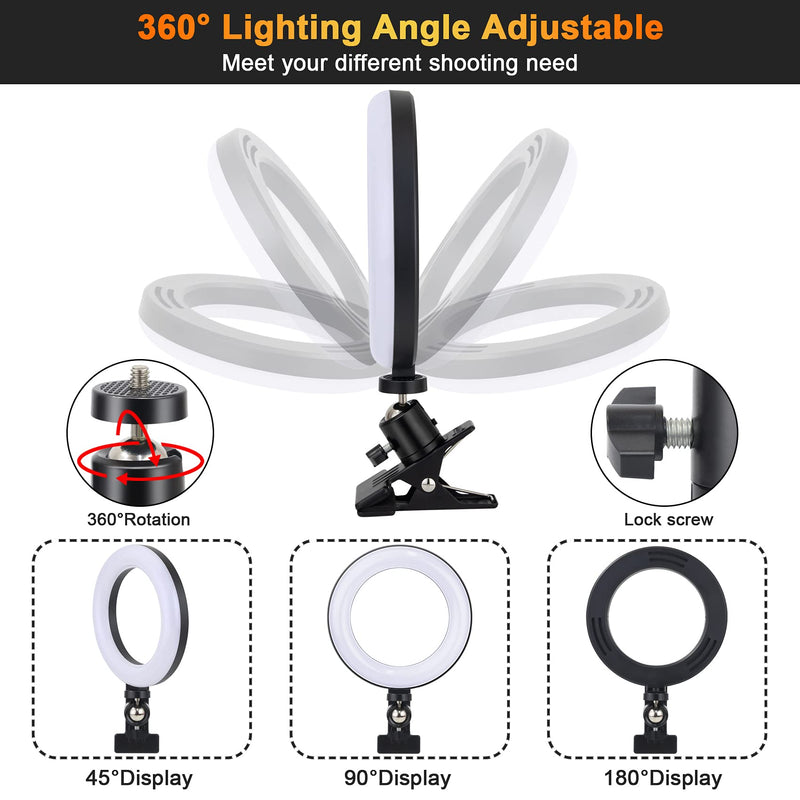 6" Ring Light with Clip Clamp Mount for Laptop Phone for Zoom Meetings, Makeup, YouTube, TIK Tok, Vlogs Selfie 3 Light Modes
