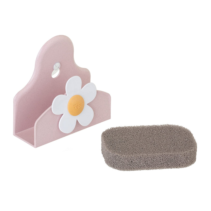 Vigar Florganic Sponge & Holder Set, Eco-friendly, Daisy-decorated Sponge Holder with Suction Cup and Sponge, Pink