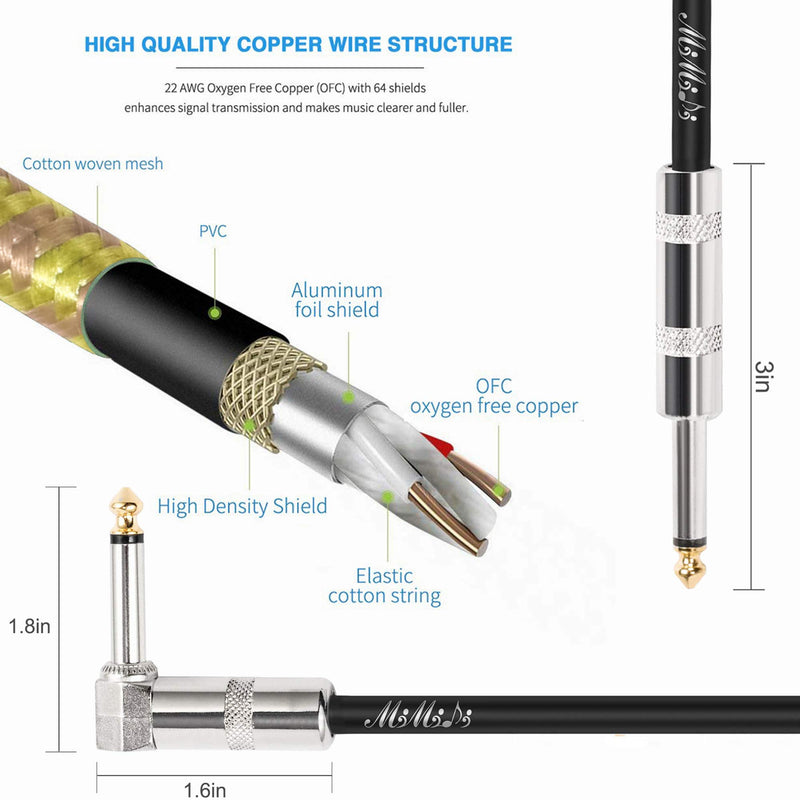 [AUSTRALIA] - MIMIDI 20 ft Guitar Cable, 6.3mm 1/4 Inch Right Angle to Straight, Electric Instrument Bass Cable AMP Cord with Tweed Cloth Jacket (Yellow) Yellow 