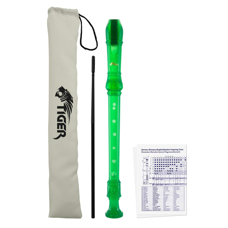 Tiger Green Descant Recorder - Cleaning Rod & Case, REC7-GR + Tiger Kids Coloured Descant Recorder - Blue Soprano Recorder, REC7-BL