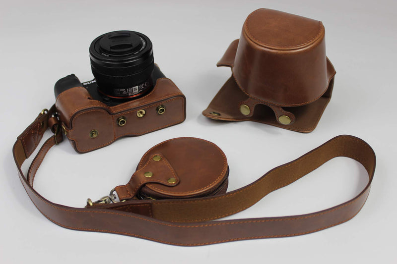 A7C Case, BolinUS Handmade PU Leather Fullbody Camera Case Bag Cover for Sony Alpha A7C with 28-60mm Lens Bottom Opening Version + Neck Strap + Mini Storage Bag (Coffee) Coffee