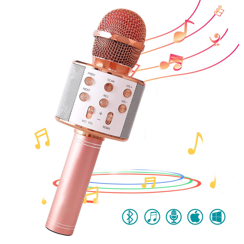 Wireless Bluetooth Karaoke Microphone with Controllable LED Light Portable Handheld Karaoke Speaker Machine Home KTV Player Compatible with Android/iPhone/PC or All Smartphone (Rose Gold) Rose Gold