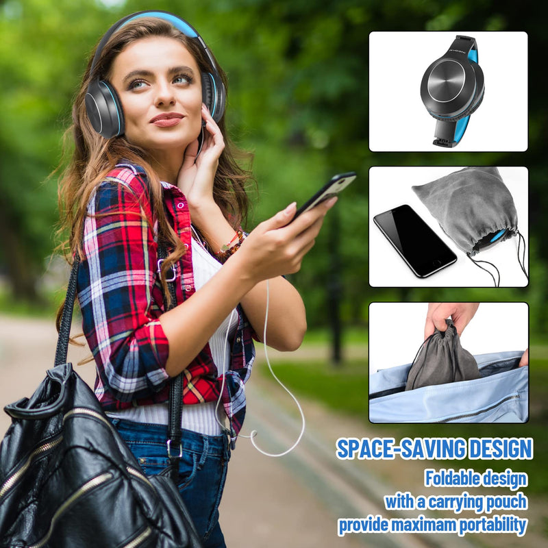 Rydohi Bluetooth Headphones Over Ear, 68H Playtime and 3 EQ Music Modes Wireless Headphones with Microphone/Deep Bass, HiFi Stereo Foldable Lightweight Headset for PC Home Travel Office(Black Blue) Black Blue