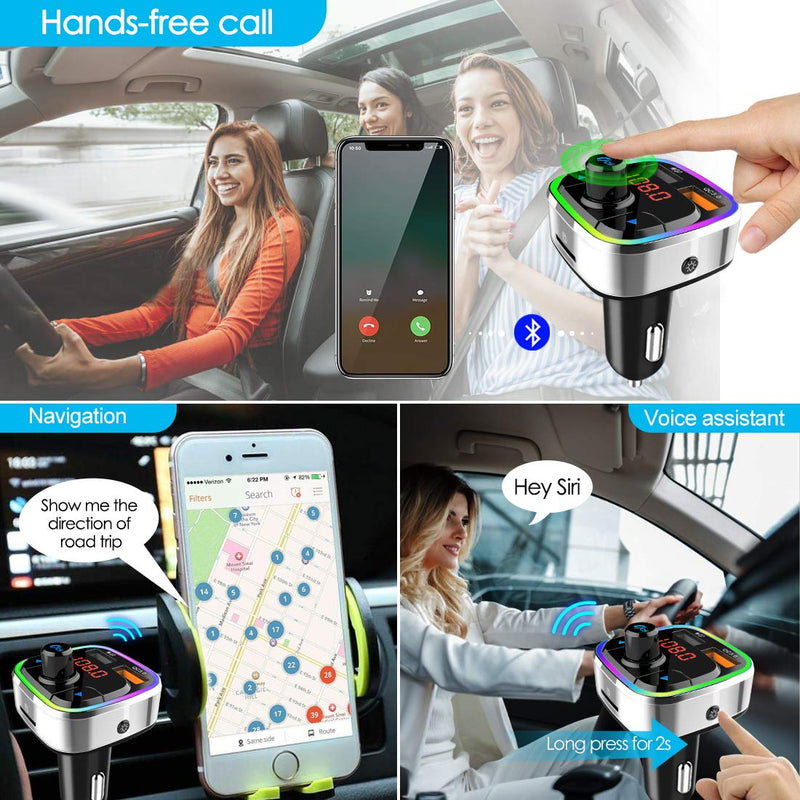 Bluetooth 5.0 Car FM Transmitter,QC3.0 Wireless Bluetooth Car Adapter Mp3 Music Player Car Kit with Hands-Free Calling and 2 USB Charge,LED Backlit,Play TF Card/USB for All Smartphones Audio Players Silver