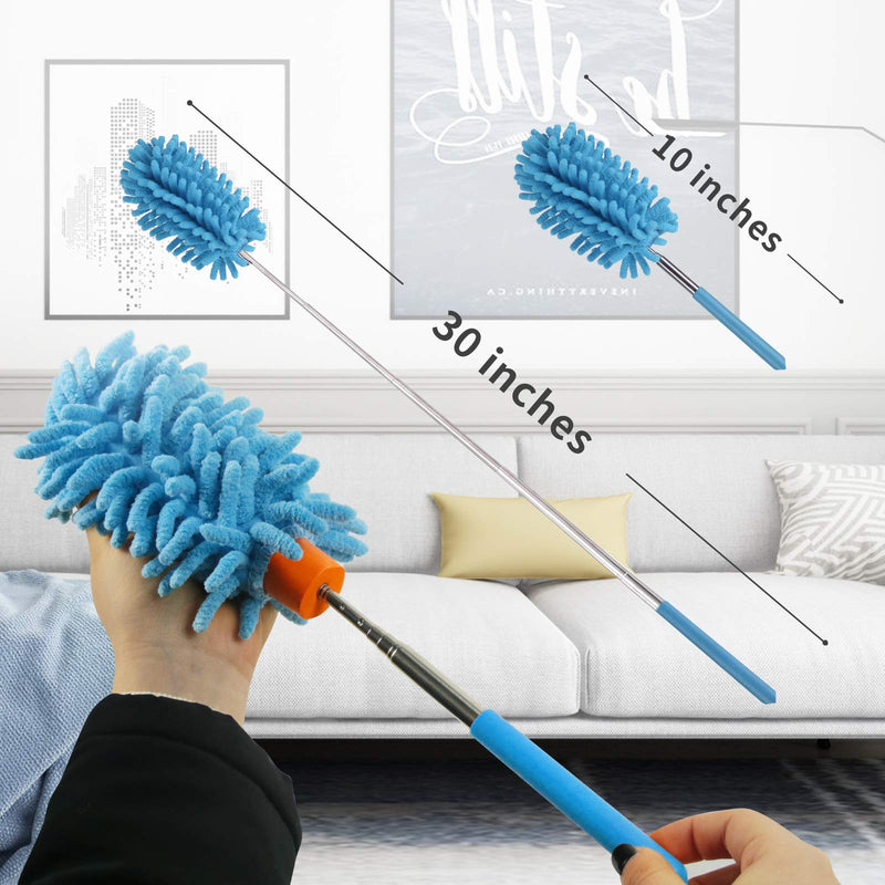 Microfiber Duster for Cleaning, Dusters with Telescoping Extension Pole, Extendable Washable Mini Dusters for Cleaning Car, Window, Furniture, Office (Blue and Grey) Blue and Grey