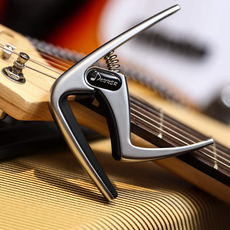 Donner Guitar Capo DC-3 for Acoustic and Electric Guitar Ukulele Banjo Mandolin Silver With Picks