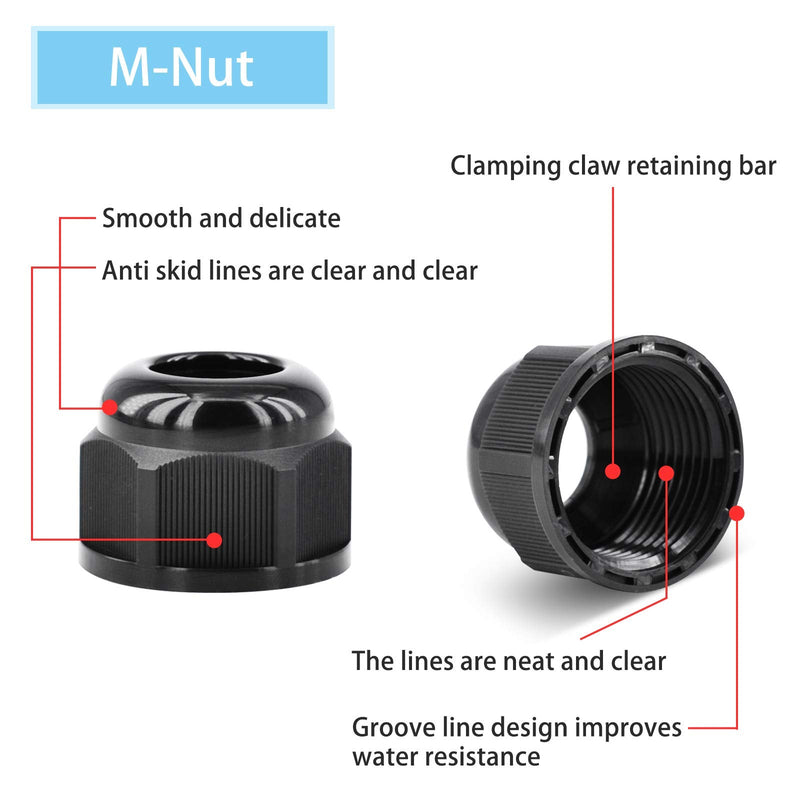 NineLeaf 10 Piece Waterproof Cable Glands Joints Adjustable 6-12mm Cable Connectors,M20x1.5 Black Compression Cable Glands Joints 20mm Diameter Titting Hole Glands, IP66 for Outdoor Use