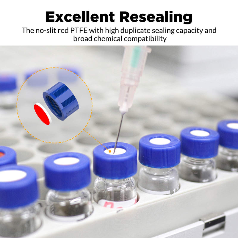 Autosampler Vials, Membrane Solutions 2ml HPLC Vials, 9-425 Lab Clear Vials with Write-on Spot and Graduations, 9mm Blue ABS Screw Caps & Septa for GC Sample Vials, 100 Pcs 100pcs Clear Vial & Red PTFE septa