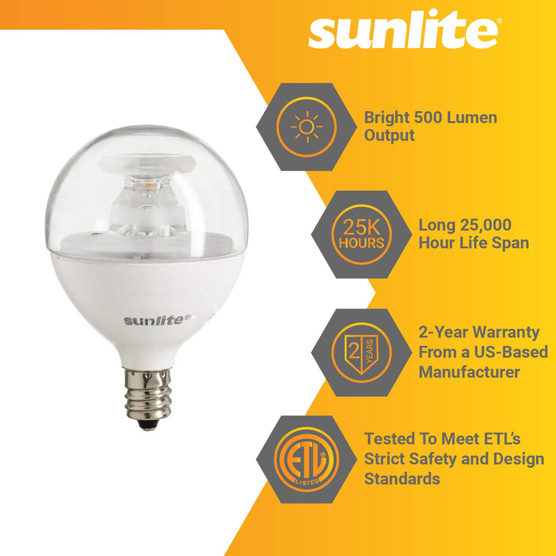 Sunlite G16.5/LED/7W/D/E12/CL/ES/27K/CD/6PK Globe Candelabra Clear Dimmable Light Bulb, 60 Equivalent-6 Pack, 6 Count 60 Equivalent - 6 Pack