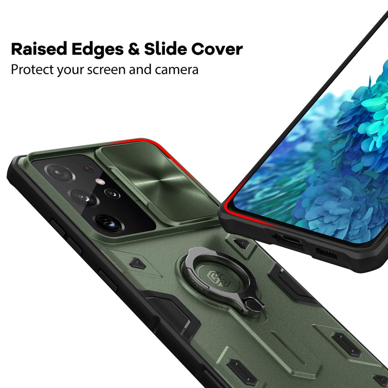 Nillkin Samsung Galaxy S21 Ultra Case - CamShield Armor Case with Camera Cover & Kickstand [Slide Lens Cover, Rotate Ring Stand], PC & TPU Impact-Resistant Bumpers Military Grade Case, Green