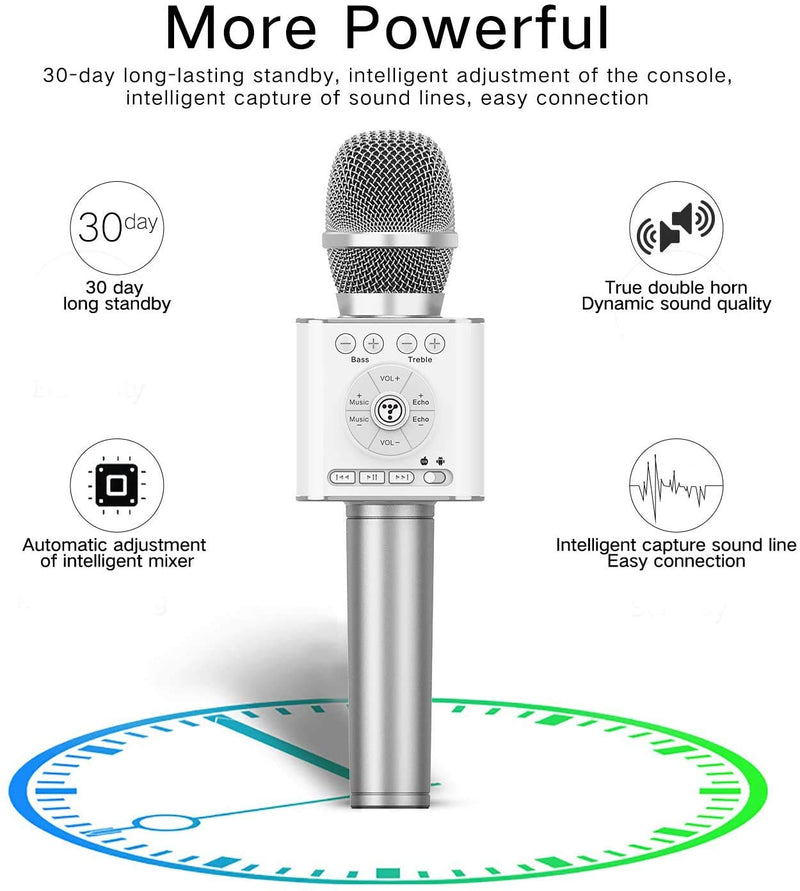 [AUSTRALIA] - TOSING 04 Wireless Bluetooth Karaoke Microphone Speaker 3-in-1 Handheld Sing & Recording Portable KTV Player Mini Home KTV Music Machine System for iPhone/Android Smartphone/Tablet Compatible (silver) silver 