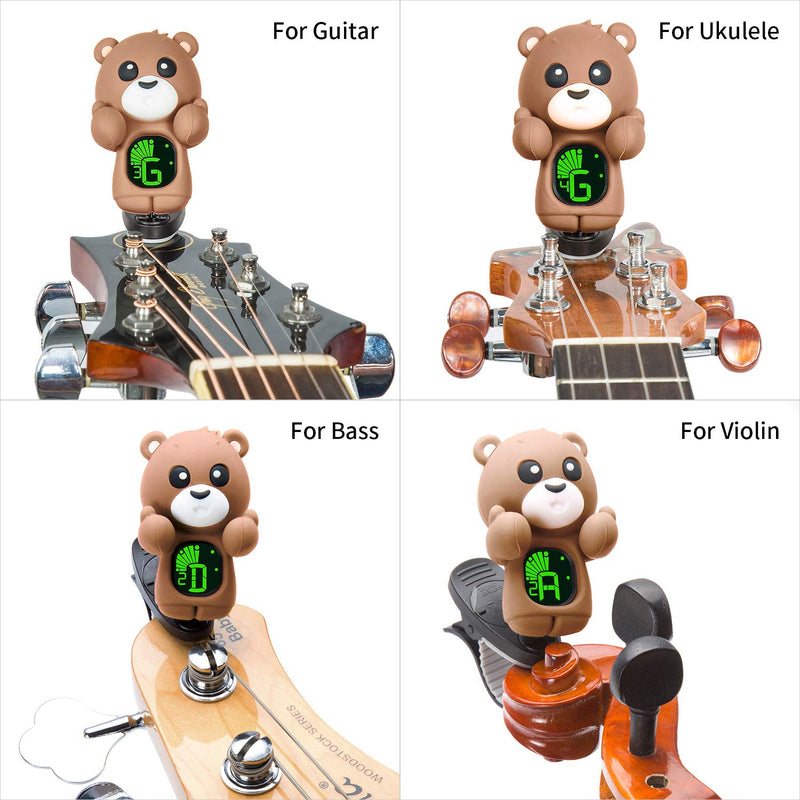 Clip-On Cartoon Tuner For Guitar,Bass,Ukulele,Violin,Chromatic Tuning Modes, Large Clear LCD Display For Guitar Tuner, Easy to Use (Brown) brown