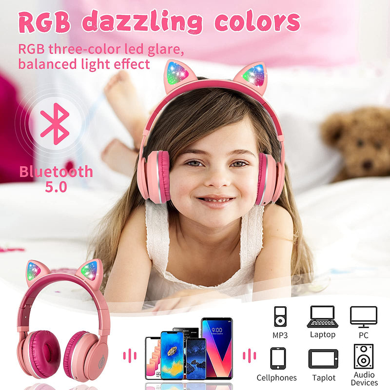 Kids Bluetooth Headphones, ONXE Cat Ear LED Light Up Wireless Foldable Headphones Over Ear with Microphone and Volume Control for iPhone/iPad/Smartphones/Laptop/PC/TV (Pink)
