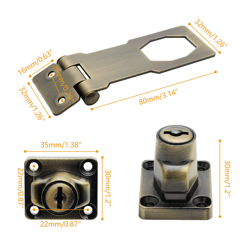 Kyuionty 2Pcs Keyed Hasp Locks 3 Inch Twist Knob Keyed Locking Hasp, Metal Safety Hasp Latches Keyed Different for Small Doors, Cabinets (Bronze) Bronze