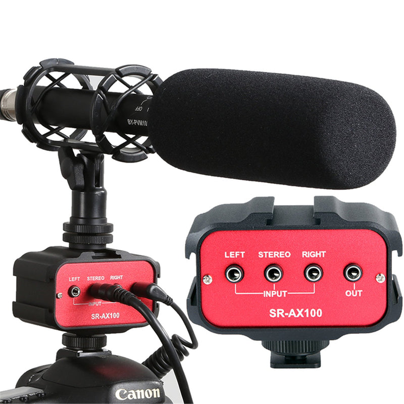 Microphone Audio Mixer, Saramonic SR-AX100 Universal Dual Channels Microphone Amplifier Adapter 3.5mm Jack & Cold Shoe Mount Compatible with DSLR Cameras & Camcorders