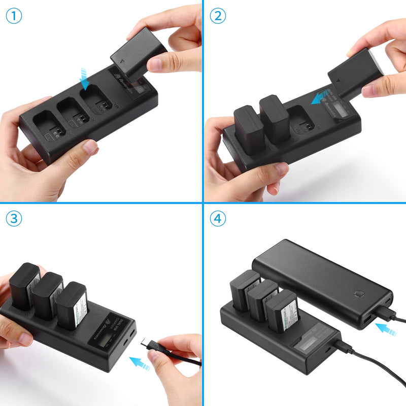 Powerextra NP-FW50 Rechargeable Battery Charger Set for Sony A6000 A6500 A6300 A7 A7II A7SII A7S A7S2 A7R A7R2 A7RII A55 A510 RX10 RX10II (3 Pack Batteries and 3 Channel Charger LCD Display)