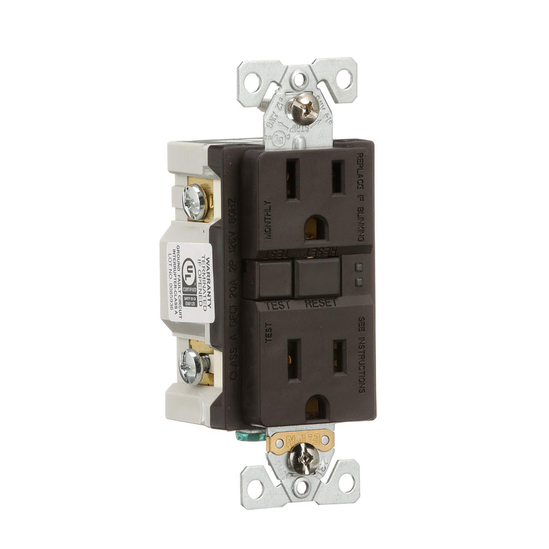 EATON Wiring GFCI Self-Test 15A -125V Duplex Receptacle with Standard Size Wallplate, Brown