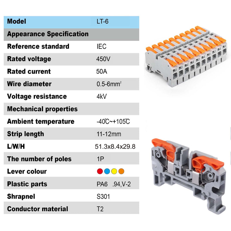 [AUSTRALIA] - Koverflame Lever Wire Nut Connector, Quick Wiring Cable Connector Push-in Conductor Terminal Block, Splicing Connectors for Circuit Inline (LT-6(DIN Rail), 10) LT-6(DIN rail) 