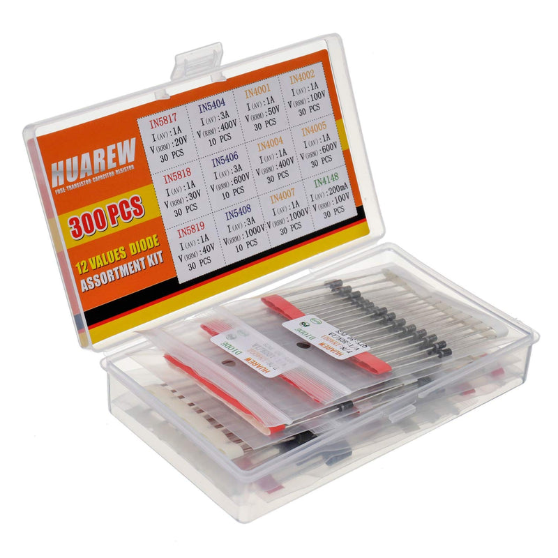 HUAREW 12 Values 300 Pcs Rectifier Diodes 1N4001 1N4002 1N4004 1N4005 1N4007 1N5404 1N5406 1N5408 Schottky Diodes 1N5817 1N5818 1N5819 Switching Diodes 1N4148 Assortment Kit