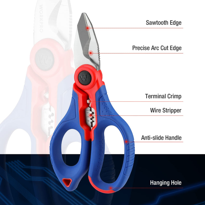 WORKPRO Stainless Electricians Scissors, 6.4" Professional Electrician Shears with Wire Stripper for Soft Cable