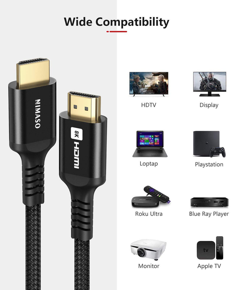 8K 48Gbps Ultra High Speed HDMI Cable 6ft, NIMASO HDMI 2.1 Cable, Dolby Vision, eARC, 8K60Hz 4K120Hz, HDR10, 4:4:4, HDCP 2.2&2.3, Ethernet-Braided HDMI Cord Compatible with UHD TV PS4 Xbox Projector