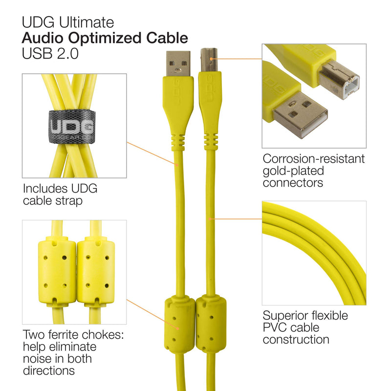UDG U95005YL Cable USB 2.0 (A-B) - High-speed Audio Optimized USB 2.0 A-Male to B-Male cable, Yellow, 2M Angled