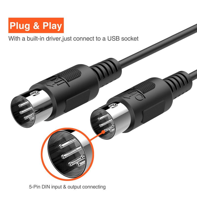 LEKATO MIDI to USB Interface MIDI Cable Adapter, 5-Pin DIN MIDI USB Cable with Input & Output Connecting with Keyboard/Synthesizer for Editing & Recording Track Work with Windows/Mac for Studio-6.5Ft