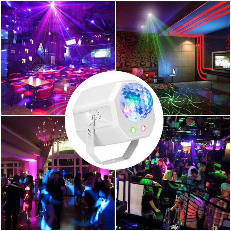 Party Projector Light with Multiple Pattetns, softeen DJ Party Strobe Light with RGB LED Light and Red/Green Projector Light, Sound Activated and Remote Controlled 3 led + 2 projector light Multiple lighting patterns
