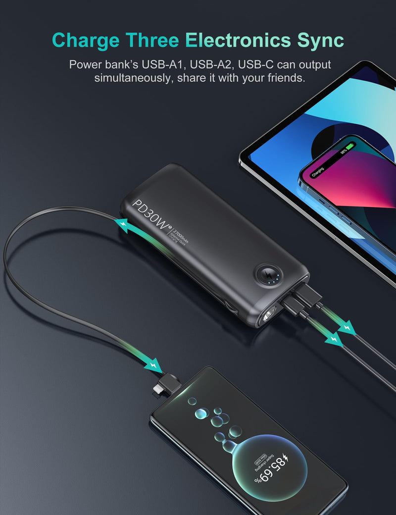 Dpdenoy Portable Charger with Built in Cable, 27000mAh Power Bank QC4.0 22.5W PD3.0 USB C Fast Charging, Phone Battery Pack with 3W Flashlight for iPhone, Samsung, Google, Tablet, and More Black 27000mAh