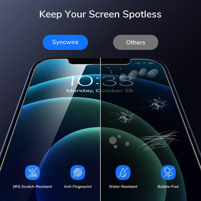 Syncwire Screen Protector for iPhone 12/12 Pro 6.1 inch [2 Pack], Anti-Fingerprint Tempered Glass Screen Protector (9H Hardness, 6X Stronger, Bubble Free, Free Installation Frame) [Not Edge to Edge]