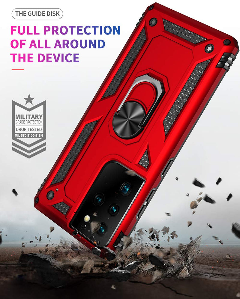 Military Grade Drop Impact for Samsung Galaxy S21 Ultra Case Galaxy S21 Ultra 5G Case 360 Metal Rotating Ring Kickstand Holder Armor Heavy Duty Shockproof Case for Galaxy S21 Ultra Phone Case (Red) Red